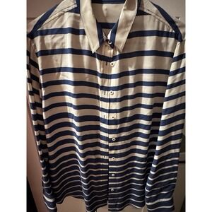 j mclaughlin‎ womens silk tan blue striped button down blouse size medium